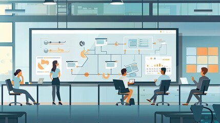 Infographic model with flowcharts and diagrams displayed on a large office screen