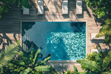 Poster - This image showcases an aerial perspective of a tranquil swimming pool, bordered by verdant foliage with sunlit water reflections creating a peaceful ambiance.