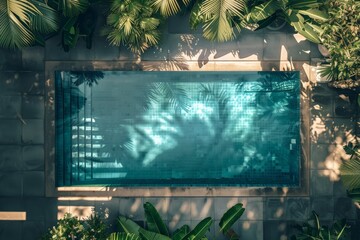 Poster - An image capturing a luxurious swimming pool from a top view, surrounded by dense tropical foliage, creating a serene and inviting atmosphere with water reflections.