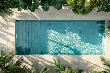 Poster - This photograph presents a top-down view of a sleek and elegant swimming pool encased with tropical plants, highlighting the clear blue water and minimalistic design.