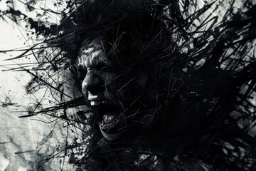 Poster - This image depicts a chaotic and intense expression of inner turmoil, illustrated with dark, jagged strokes surrounding a howling face, representing raw emotion.