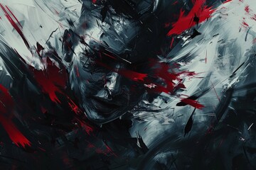 Leinwandbilder - This abstract portrait utilizes bold red and black brush strokes blending across a partially obscured face, conveying strong emotions and dynamic movement.