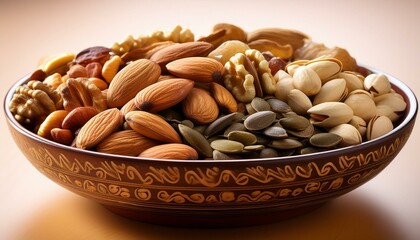 Wall Mural - Assorted nuts and seeds in decorative bowl, a low-calorie and healthy snack option