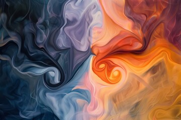 Poster - A mesmerizing blend of cool blues and warm oranges intertwines in an abstract fluid form, creating a striking visual representation of contrasting elements merging harmoniously.