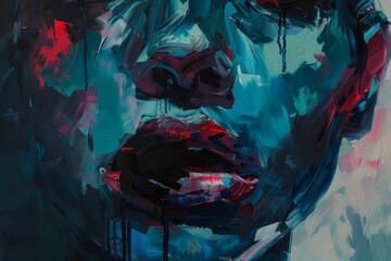 Poster - An expressive abstract painting depicting a human face with vibrant colors and strong brushstrokes, conveying intense emotions and artistic creativity.