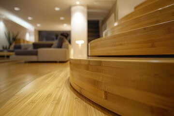 Poster - This vibrant image captures an interior wooden spiral staircase within a modern living room, showcasing the elegant curvature and the warm, inviting ambiance it creates.