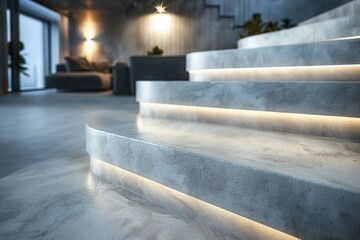 Poster - An elegant set of concrete stairs illuminated with hidden LED lights, creating a warm and inviting ambiance in a modern interior space, blending style and function.