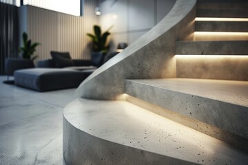 Poster - Spiral concrete stairs feature integrated LED lighting, combining a contemporary minimalist design with warm accent lighting, adding a touch of elegance to the interior space.
