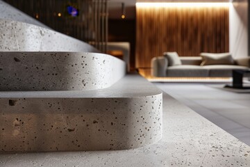 Poster - Stylish concrete steps lit by soft embedded lighting create a welcoming entrance in a modern interior, showcasing the balance between durability and refined design.