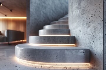 Poster - A beautifully designed staircase of concrete with built-in LED strip lights creates an architectural focal point in this modern home, blending function and high-end style.