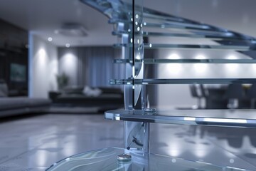 Poster - A futuristic glass staircase in a sleek modern living space showcases cutting-edge design and innovation, featuring transparency and elegance in contemporary architecture.