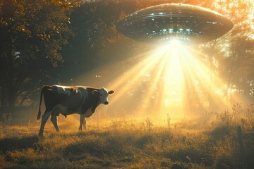 Poster - A cow stands in a misty forest while a UFO hovers above, shining a bright light beam down on the ground, creating a surreal and otherworldly atmosphere.