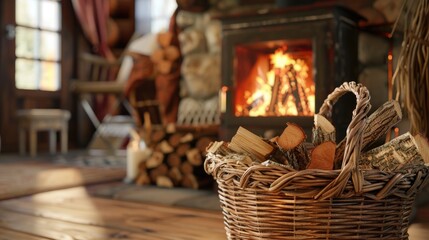 Wall Mural - Basket with firewood by the stove in cozy room