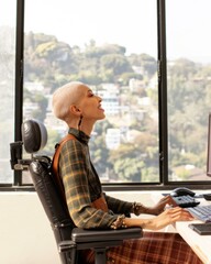 Poster - A woman sitting at a desk with her head in the air. AI.