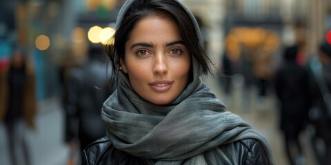 Canvas Print - A woman in a scarf and black jacket on the street. AI.