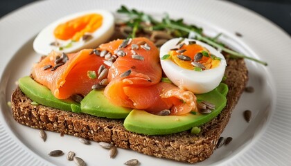 Wall Mural - Delicious multigrain toast with avocado, salmon, eggs, herbs, and sunflower seeds on a white plate.