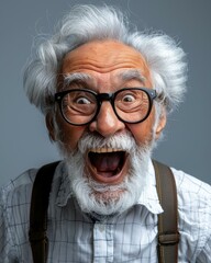 Canvas Print - An elderly man with a white beard smiles widely, looking excited. AI.