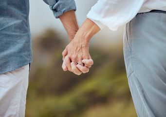 Poster - Mature, couple and holding hands in outdoor with love, support and trust with commitment in relationship. People, walk and together in nature with romance or connection, respect and care for partner.