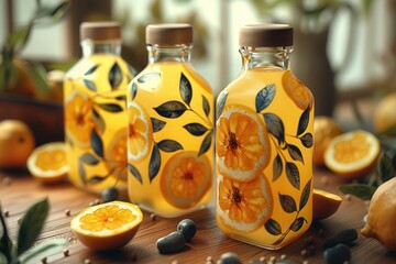 Wall Mural - Three bottles of a yellow drink with orange flowers on them