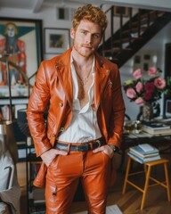 Wall Mural - A man in a leather jacket and pants poses for a picture