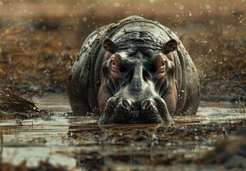 Poster - A large hippo is in the water, looking at the camera