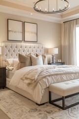 Wall Mural - A bedroom with a white bed, white curtains, and a white headboard