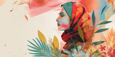 Young muslim woman wearing hijab looking up with hope surrounded by colorful tropical foliage