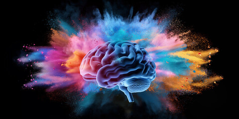Poster - Human brain exploding with colorful powder paint