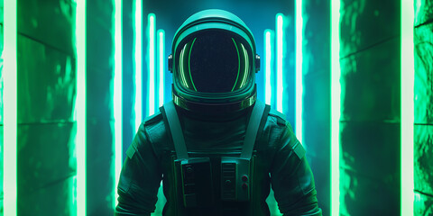 Aufkleber - Astronaut walking through neon green corridor with space helmet
