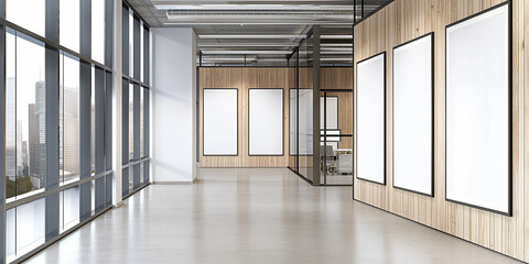 Poster - Modern sunlit office space with mockup frames and city view