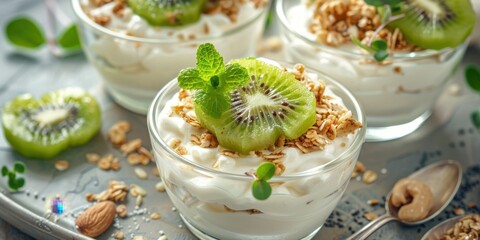 Poster - A refreshing fruit bowl with kiwi, nuts, yogurt, and mint leaves. A healthy and delightful breakfast or dessert option.