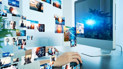 Wall Mural - パソコンを使う女性と映像ネットワークイメージ