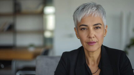 Confident mature woman with short grey hair, professional attire, sitting in office, successful business leader, focused expression, modern workplace, career concept