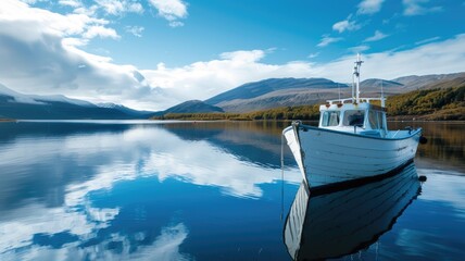 Wall Mural - Small white boat on calm lake with mountains