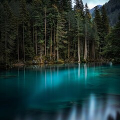 Poster - A serene lake surrounded by trees with a blue sky in the background