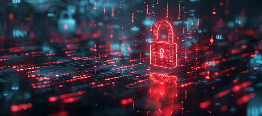 Poster - Hacker attack. Security breach, system hacked, internet cyber attack alert with red broken padlock, cybersecurity