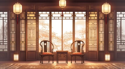 Tranquil Chinese Room with Two Chairs and Lanterns