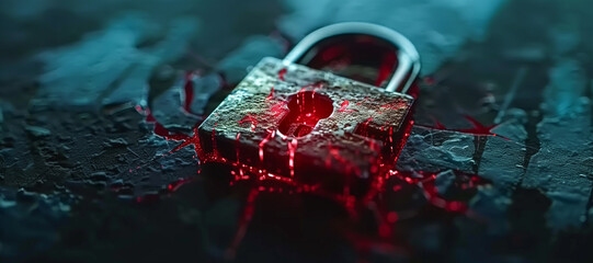 Poster - Hacker attack. Security breach, system hacked, internet cyber attack alert with red broken padlock, cybersecurity