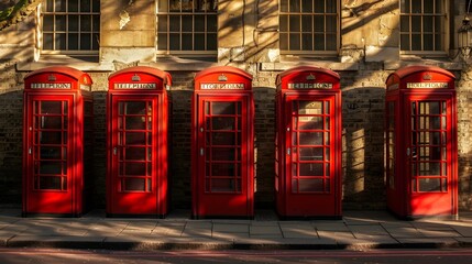 Five red phone booths in a row in Covent garden, London, UK