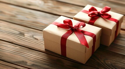 Sticker - Gift boxes with red ribbons on wooden surface