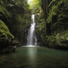 Canvas Print - A waterfall is flowing into a small pool of water