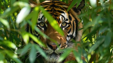 Close-up of tiger peeking through dense green foliage