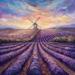 © Chawakorn - A painting of a field of lavender with a windmill in the background