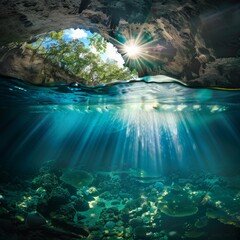 Sticker - A photo of a body of water with sunlight shining through it