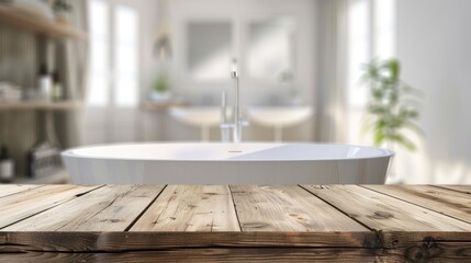 Wall Mural - Blurred bathroom backdrop with wood tabletop, visual design layout