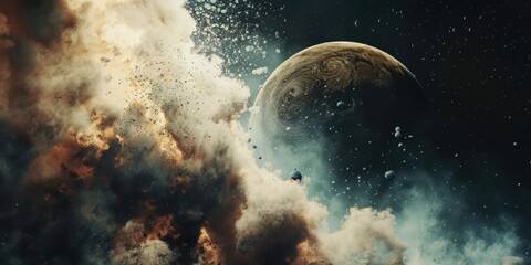 Wall Mural - an intense scene of destruction in space, with a planet being hit by an explosion.