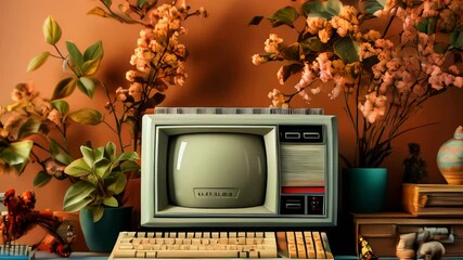 Old stylish vintage retro personal computer for video games and work poster from the 80s 90s