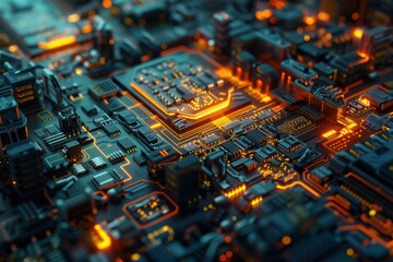 Wall Mural - Vibrant, high-tech illustration of a detailed circuit board with glowing golden components. The image captures the intricate design and complexity of modern computer hardware.