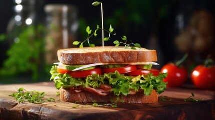 Wall Mural - A tasty vegetable sandwich, featuring fresh ingredients like tomatoes, lettuce, and herbs on a homemade bread. The plant-based meal is garnished with herbs for a flavorful and healthy option.