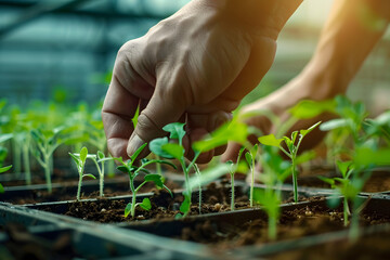 Poster - Human hands are planting tomato sprouts in a greenhouse.